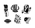 USA Black Logo Badges with Torch, Top Hat, Bull, Rugby Ball, Indian and Football Helmet Vector Set