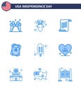 9 USA Blue Pack of Independence Day Signs and Symbols of heart; popsicle; text; ice cream; love
