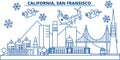 USA, California, San Francisco winter city skyline. Merry Christmas and Happy New Year decorated banner. Winter greeting Royalty Free Stock Photo