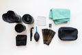 USA- 2021: camera lenses, filters, swabs, sensor cleaner, air blower, microfiber and lens pen knolled on white isolated background Royalty Free Stock Photo