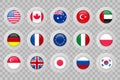 USA, Canada, Australia, Turkey, UAE, Germany, France, EU, Italy, Poland, Singapore, UK, Japan, Russia, Korea flag on transparent Royalty Free Stock Photo