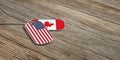 USA and Canada military relations, Identification tags on wooden background. 3d illustration