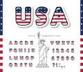 USA cartoon font. United States of America national flag colors. Cut out letters and numbers. Bright alphabet for tourism design.