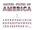 USA cartoon font. United States of America national flag colors. Cut out letters and numbers. Bright alphabet for tourism design. Royalty Free Stock Photo