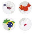 USA, China, Brazil, Japan map contour and national flag in a circle