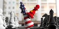 USA and China fight. China chess pawn hits US America chess king. 3d illustration Royalty Free Stock Photo