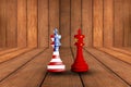 USA and China flag print screen on chess with wooden background.It is symbol of economic tariffs trade war tax barrier between