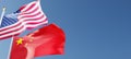 usa and china flags fluttering in the wind against a blue sky mockup with copy space. United States of America and Chinese