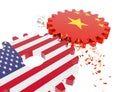 Usa china relationships trading economy competion gears with flags and broken piecies black background - 3d rendering