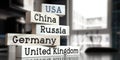 USA, China, Russia, Germany, United kingdom - words on wooden blocks