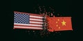 USA and China trade war. US of America and chinese flags crashed containers on black background.