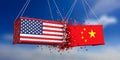USA and China trade war. US of America and chinese flags crashed containers on blue sky background.