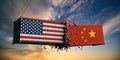 USA and China trade war. US of America and chinese flags crashed containers on sky at sunset background. Royalty Free Stock Photo