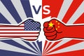 USA China trade war. US flag fist vs china flag fist. American chinese economic confrontation. Vector flat icon for web banner