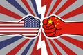 USA China trade war. US flag fist vs china flag fist. American chinese economic confrontation. Vector flat icon for web banner
