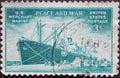 USA - Circa 1945: a postage stamp printed in the US showing a liberty ship unloading cargo. US Armed Forces: Merchant Marine