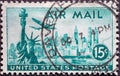 USA - Circa 1947: a postage stamp printed in the US showing the New York Skyline with the statue of liberty on the Airmail postal