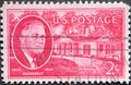 USA - Circa 1945: a postage stamp printed in the US showing a portrait by Franklin Roosevelt Stamps. Background: Little White Hous Royalty Free Stock Photo