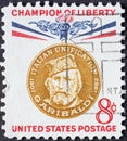 USA - Circa 1960 : a postage stamp printed in the US showing a portrait of the Italian patriot Giuseppe Garibaldi Text: Champions