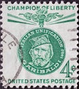 USA - Circa 1960 : a postage stamp printed in the US showing a portrait of the Italian patriot Giuseppe Garibaldi Text: Champions