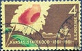 USA - Circa 1961 : a postage stamp printed in the US showing a sunflower, and a pioneer family with a covered wagon and stockade.T Royalty Free Stock Photo