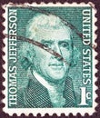 USA - CIRCA 1968: A stamp printed in USA shows a portrait of president Thomas Jefferson by Rembrandt Peale, circa 1968.