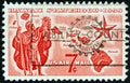 USA - CIRCA 1959: A stamp printed in USA issued for the Hawaii Statehood shows Alii Warrior, Map of Hawaii and Star of Statehood Royalty Free Stock Photo