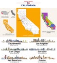 California\'s counties map and congressional districts map. State\'s largest cities skylines Royalty Free Stock Photo