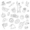 Usa country nation doodle hand drawn set collections with outline black and white style Royalty Free Stock Photo