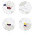 USA, Cuba, Venezuela, Colombia map contour and national flag in a circle