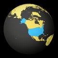 USA on dark globe with yellow world map.