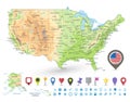 USA detailed physical map and navigation icons