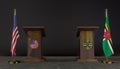 USA and Dominica flags. USA and Dominica flag. USA and Dominica negotiations. Rostrum for speeches. 3D work and 3D image