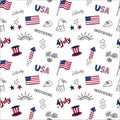 USA doodle elements seamless pattern. Vector 4th of July background with US symbols, American flag, eagle, hat Royalty Free Stock Photo