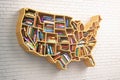 USA education or market of books concept. Book shelf as map of