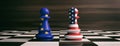 USA and European Union flags on chess pawns on a chessboard. 3d illustration