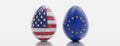 USA and EU relation. European and American Flag on broken cracked eggs isolated on white. 3d render