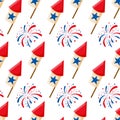 USA firework, rocket and stars seamless pattern background for national american holidays design. 4th of july celebration pattern Royalty Free Stock Photo