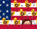 A USA flag is the background for a carnival shooting gallery. Also, a school age child peeks up from inside the duck targets
