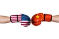 USA flag and China flag print screen on boxing gloves for symbols of barrier tariff trade war between United states of America and Royalty Free Stock Photo