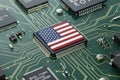 Usa flag computer chip on circuit board representing technology Royalty Free Stock Photo
