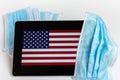 USA flag covered by surgical protective mask for coronavirus COVID-19 prevention, San Francisco, USA. April 2020