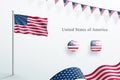 USA Flag 3d Elements Waving Flagpole Bunting Buttons