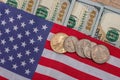 Usa flag with dollar bills and coin