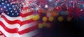 USA flag with fireworks on bokeh background Royalty Free Stock Photo