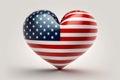 The USA flag in the form of a glossy heart. White background. Image is generated with the use of an AI. Love concept, patriotism Royalty Free Stock Photo