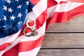 USA flag and handcuffs, top view. Royalty Free Stock Photo