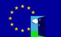 Huge EU European Union flag with a door opening into a landscape with blue sky and green grass. Royalty Free Stock Photo