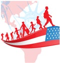 USA flag with immigration people on american map Royalty Free Stock Photo