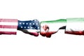 USA Flag And Iran Flag Print Screen On Fist Boxing. United State Of America And Iran Have Conflict In Nuclear Weapons And Strait